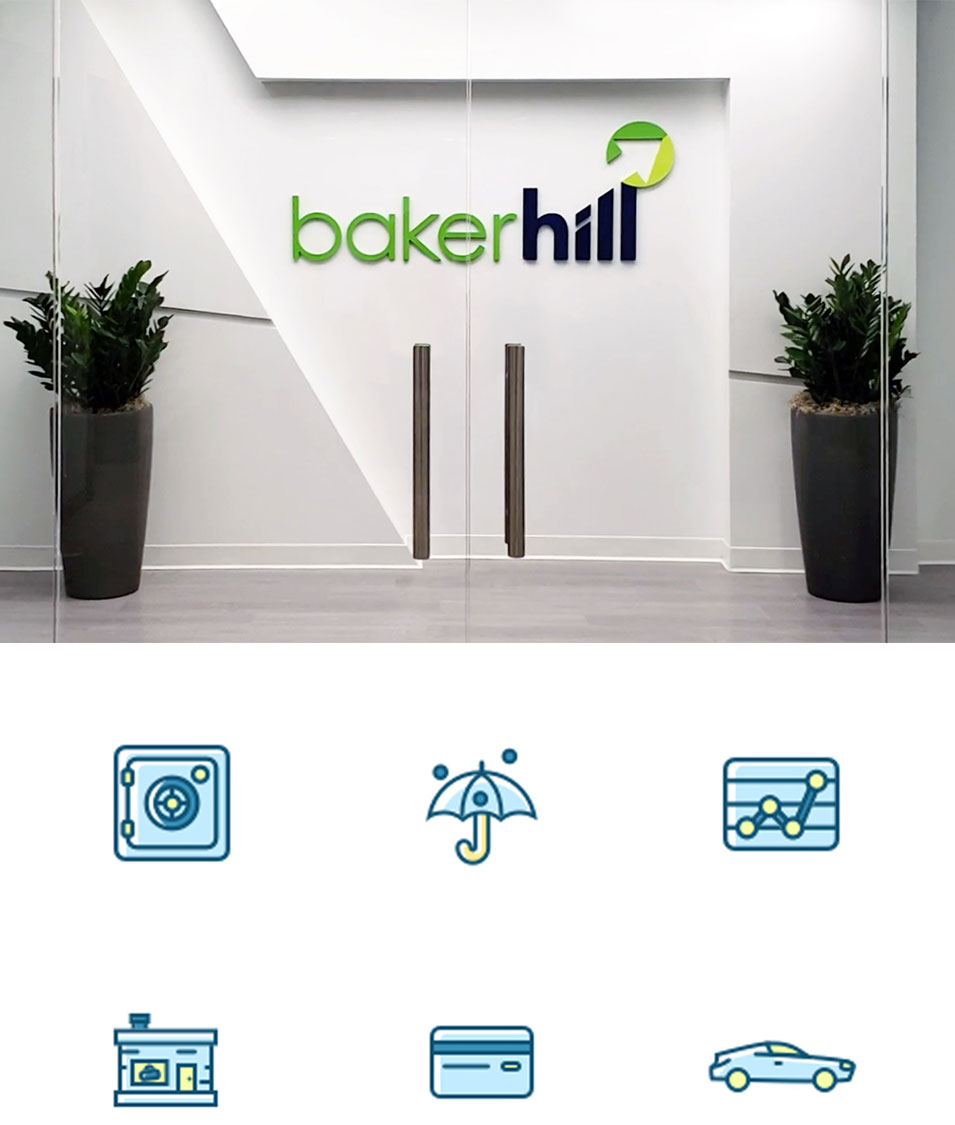 Baker Hill welcomes guests to its Carmel headquarters with a three-dimensional logo sign (top); custom icons for Baker Hill's website